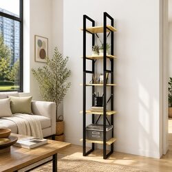 5-Tier Wooden Book Cabinet - Brown Shelving Unit Specs