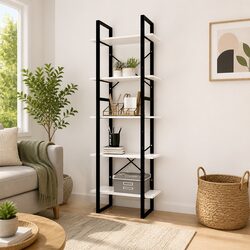 5-Tier Shelving Unit in White Pinewood and Metal Frame