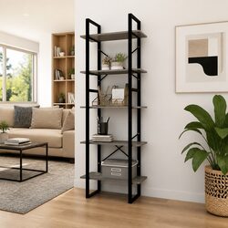 5-Tier Book Cabinet with Grey Pinewood and Metal Support