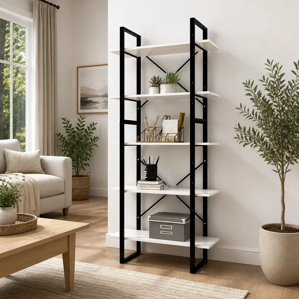 5-Tier Bookcase Durable White Pinewood and Metal Frame Storage Shelving Unit