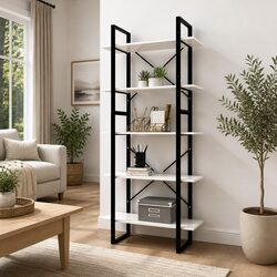 5-Tier Shelving Unit in White Pinewood and Metal Frame