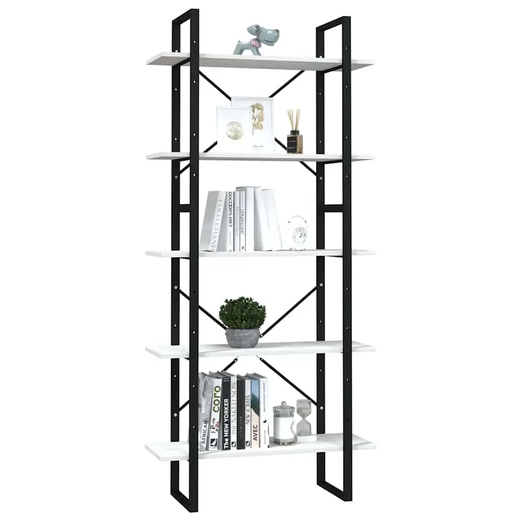 5-Tier Bookcase Durable White Pinewood and Metal Frame Storage Shelving Unit