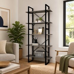 5-Tier Book Cabinet with Grey Pinewood and Metal Frame