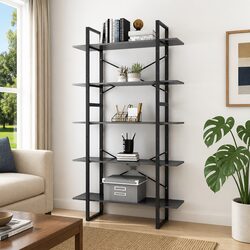 5-Tier Grey Engineered Wood and Metal Book Cabinet