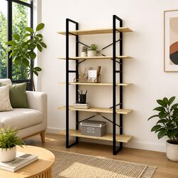 5-Tier Book Cabinet with Pinewood and Metal Frame