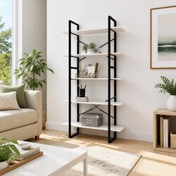 5-Tier Bookcase with Pinewood and Metal Frame, White