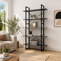 5-Tier Grey Book Cabinet with Metal Frame and Pinewood Shelves
