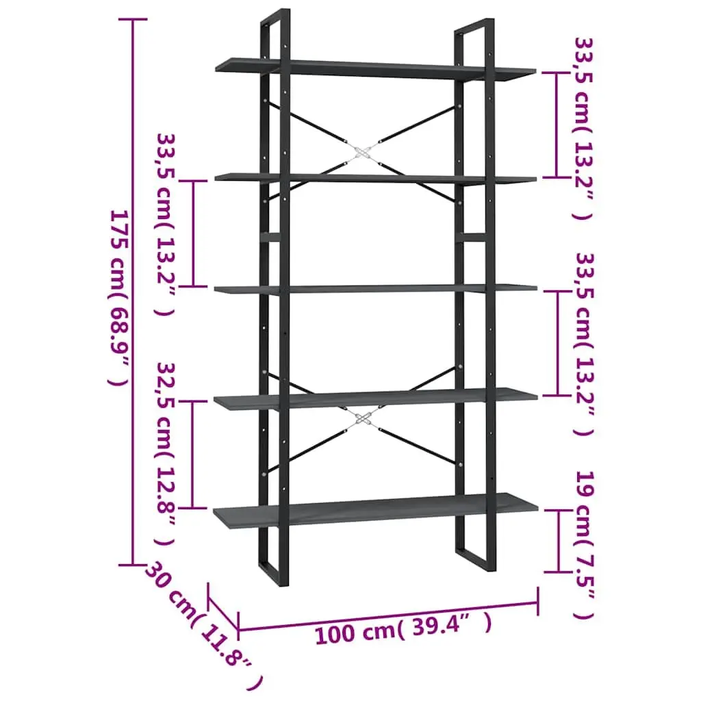 5-Tier Book Cabinet Grey Pinewood Metal Frame Standing Shelf Storage Display