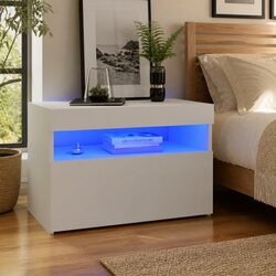 RGB LED White Bedside Cabinet with Storage