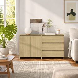 2 Piece Beige Sideboard Storage Cabinet, Engineered Wood