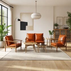 3 Piece Sofa Set with Acacia Wood and Goat Leather Upholstery