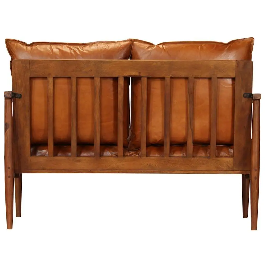 3 Piece Sofa Set Solid Acacia Wood Frame Goat Leather Brown Living Room