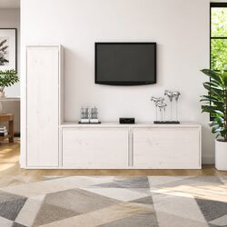Set of 3 White Wall-Mounted Pinewood TV Cabinets