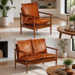 2 Piece Sofa Set in Brown Leather with Acacia Wood Frame