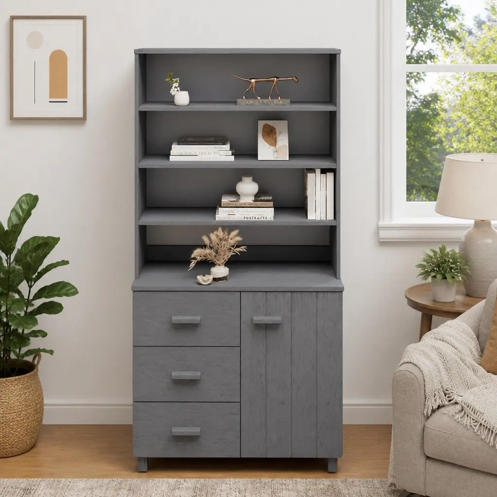 Wooden Storage Highboard Cabinet Grey with Doors Drawers Shelves for Living Room Dining Area
