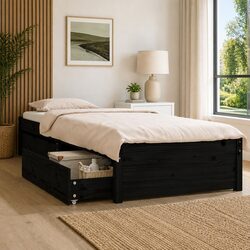 Black Single Size Wooden Bed Frame with Storage Drawers