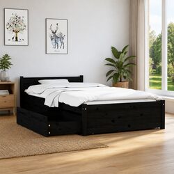 Black Wooden Bed Frame with Integrated Storage Drawers