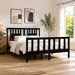 135x190 cm Black Bed Frame in Solid Pine Wood