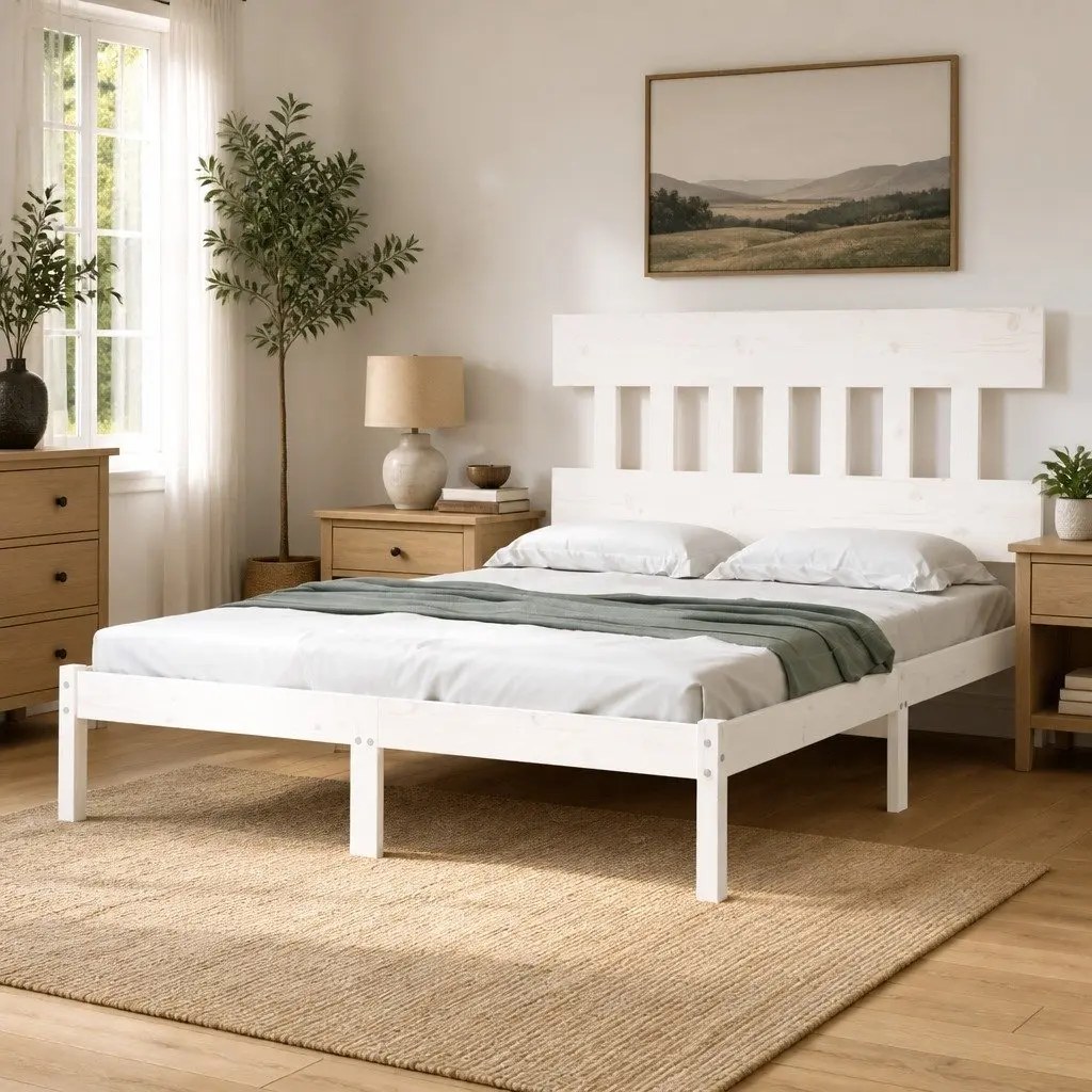 King Bed Frame Solid Pine Wood Sturdy Structure 183x203 cm White