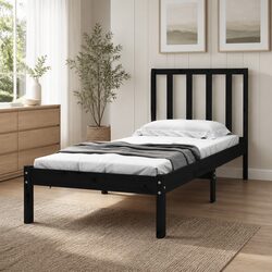 90x190 cm Black Bed Frame Solid Pine Wood Construction