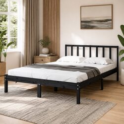 135x190 cm Bed Frame in Black Solid Pine Wood