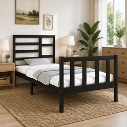90x190cm Solid Pine Bed Frame with Black Headboard