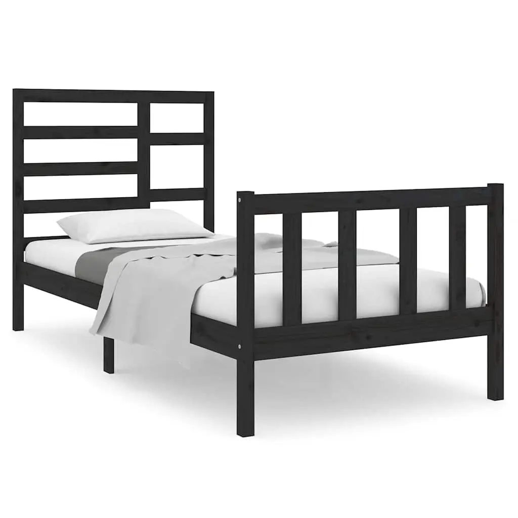 Single Bed Frame Solid Wood Black 90x190cm with Headboard and Footboard