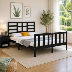 135x190 cm Bed Frame in Black Solid Pine Wood