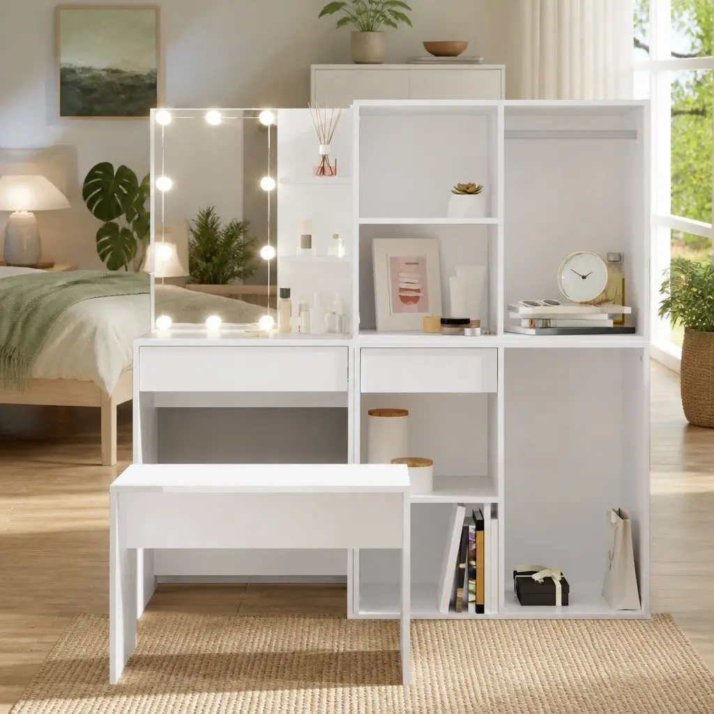 Dressing Table Set with LED Mirror White Bedroom Vanity Stool Storage Makeup