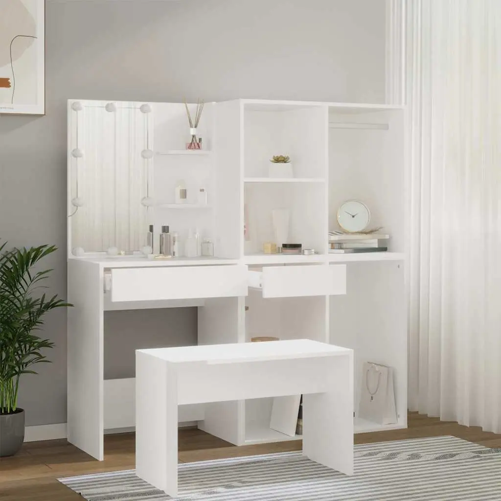 Dressing Table Set with LED Mirror White Bedroom Vanity Stool Storage Makeup