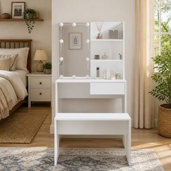 LED Mirror Dressing Table Set with Storage and Stool