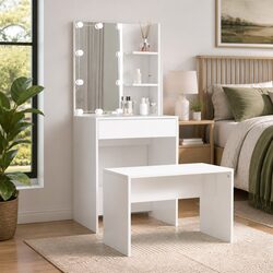 Modern White Dressing Table Set with LED Mirror