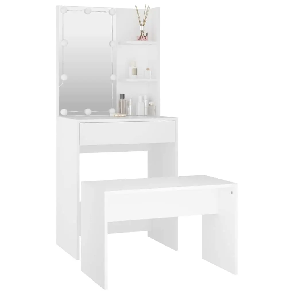 Dressing Table Set with LED Mirror White Engineered Wood Storage Stool