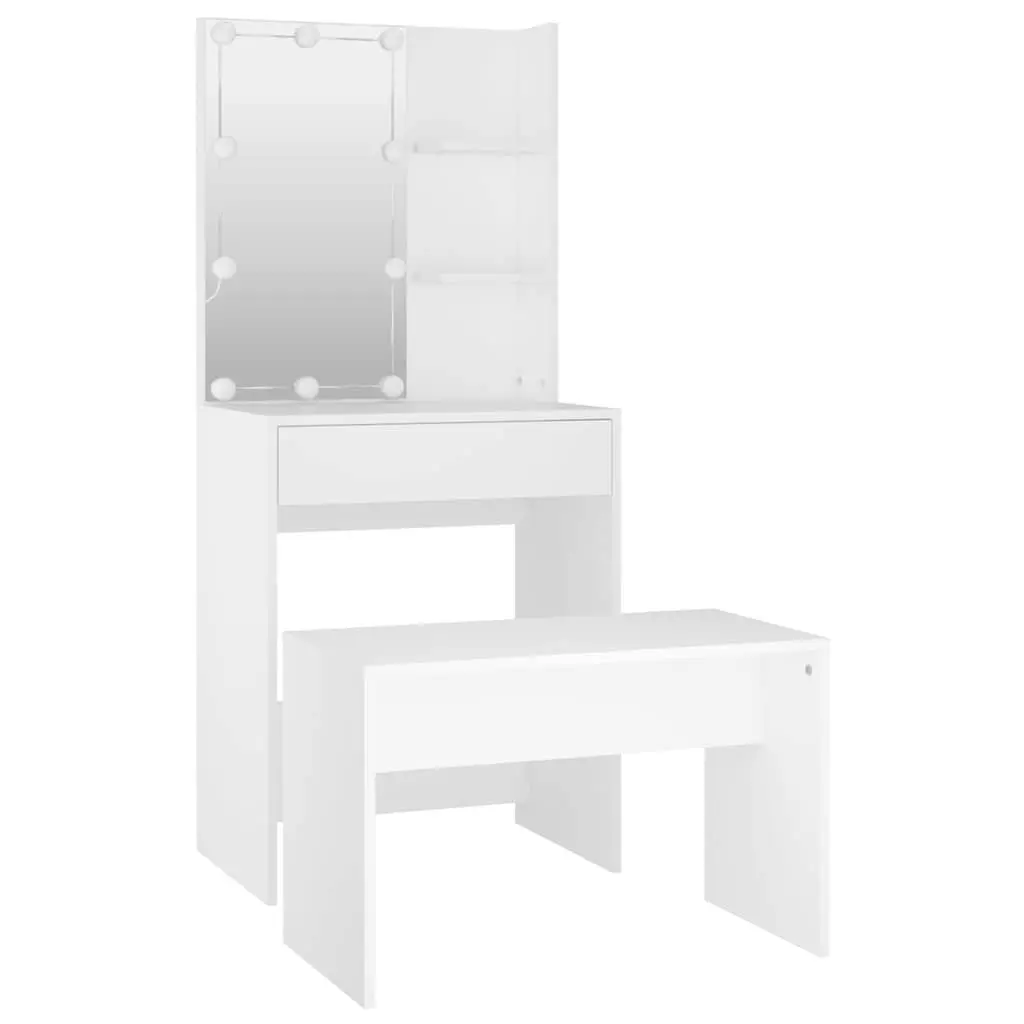 Dressing Table Set with LED Mirror White Engineered Wood Storage Stool