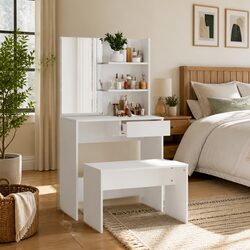 White Dressing Table Set: Engineered Wood, 74.5x40x141 cm