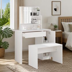 White Engineered Wood Vanity Table Set with Mirror and Stool