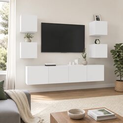 White Engineered Wood Wall-Mounted TV Cabinet Set