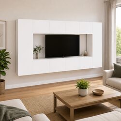 Wall-Mounted 8-Piece TV Cabinet Set in White