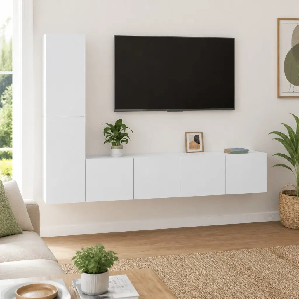 Wall Mounted TV Storage Unit 4 Piece White Engineered Wood Organiser Space Saving