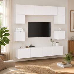 8-Piece Media Storage Unit in White Engineered Wood