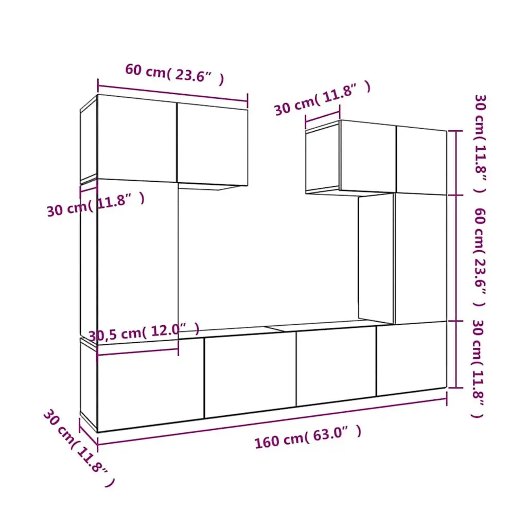 TV Cabinet Set Wall-Mounted Space-Saving 6 Piece White Engineered Wood Storage Unit