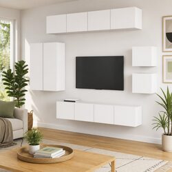 Wall-Mounted White Engineered Wood TV Cabinet Set