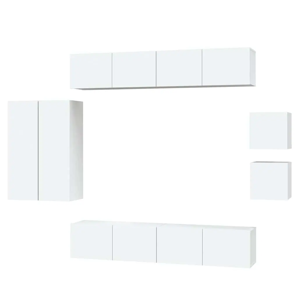 Wall-Mounted TV Cabinet Set Space-Saving 8 Piece White Engineered Wood Storage Unit