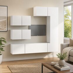 6 Piece Wall Mounted TV Cabinet Set in White Engineered Wood
