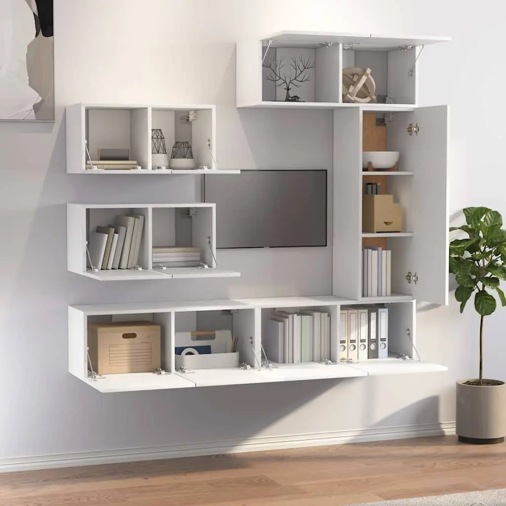 TV Cabinet Set Wall Mounted Storage Unit 6 Piece White Engineered Wood