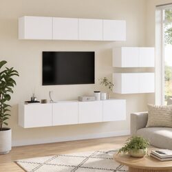 4 Piece White Wall-Mounted TV Cabinet Set with Storage