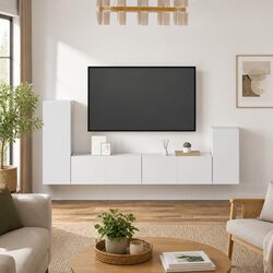 4 Piece Wall-Mounted White TV Cabinet Set in Engineered Wood