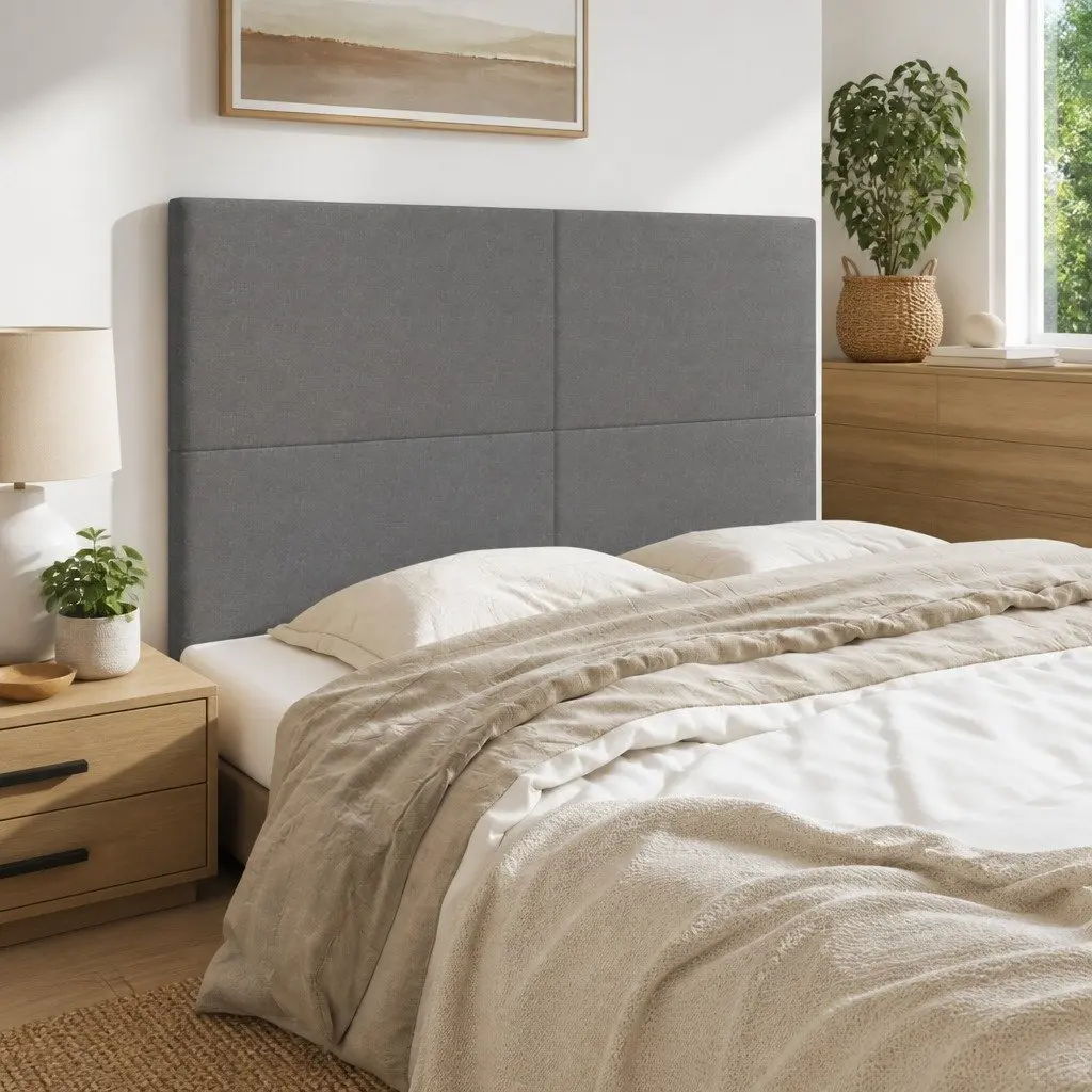 Fabric Headboard Adjustable Height Grey with Wooden Legs
