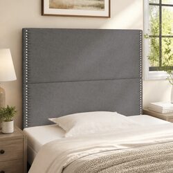 Grey Fabric Headboard with Adjustable Height and Wooden Legs