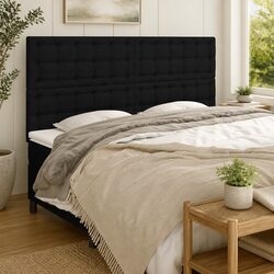 Black Fabric Headboard with Wood Legs and Adjustable Height